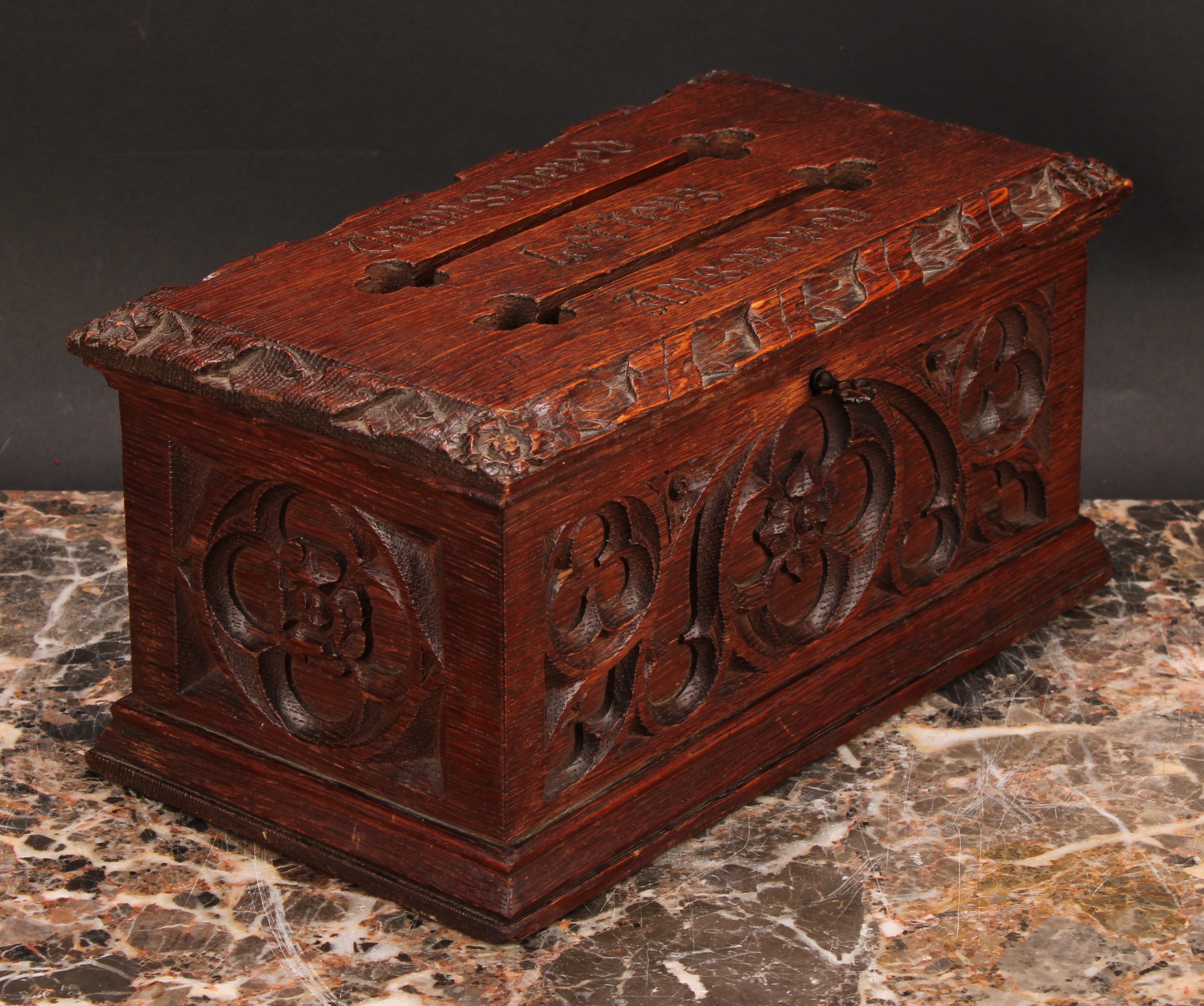 A Victorian Gothic Revival oak country house post box, carved with tracery, hinged cover inscribed - Image 3 of 4