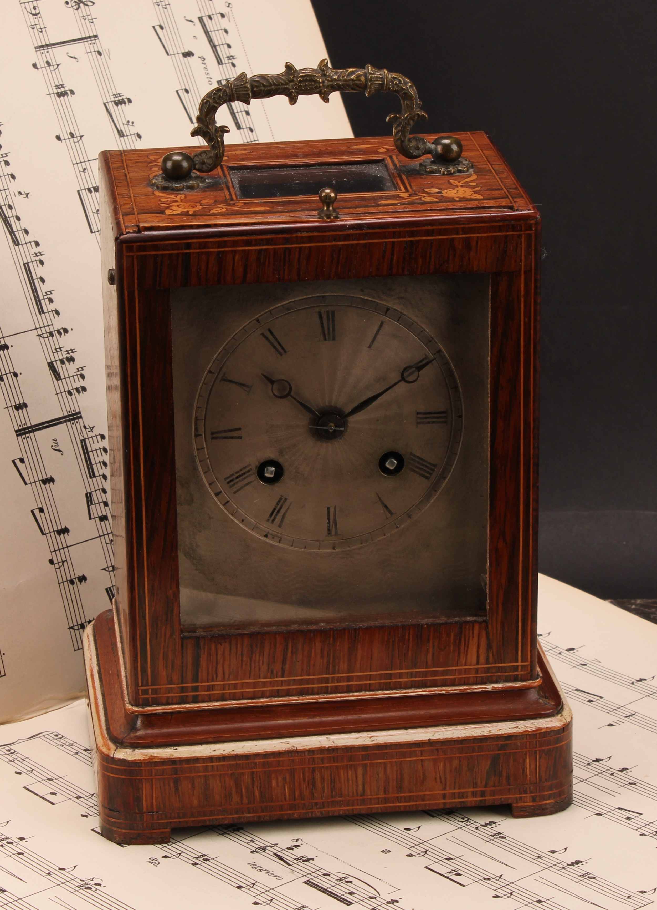 A 19th century French rosewood and marquetry mantel clock, 9.5cm silvered dial inscribed with