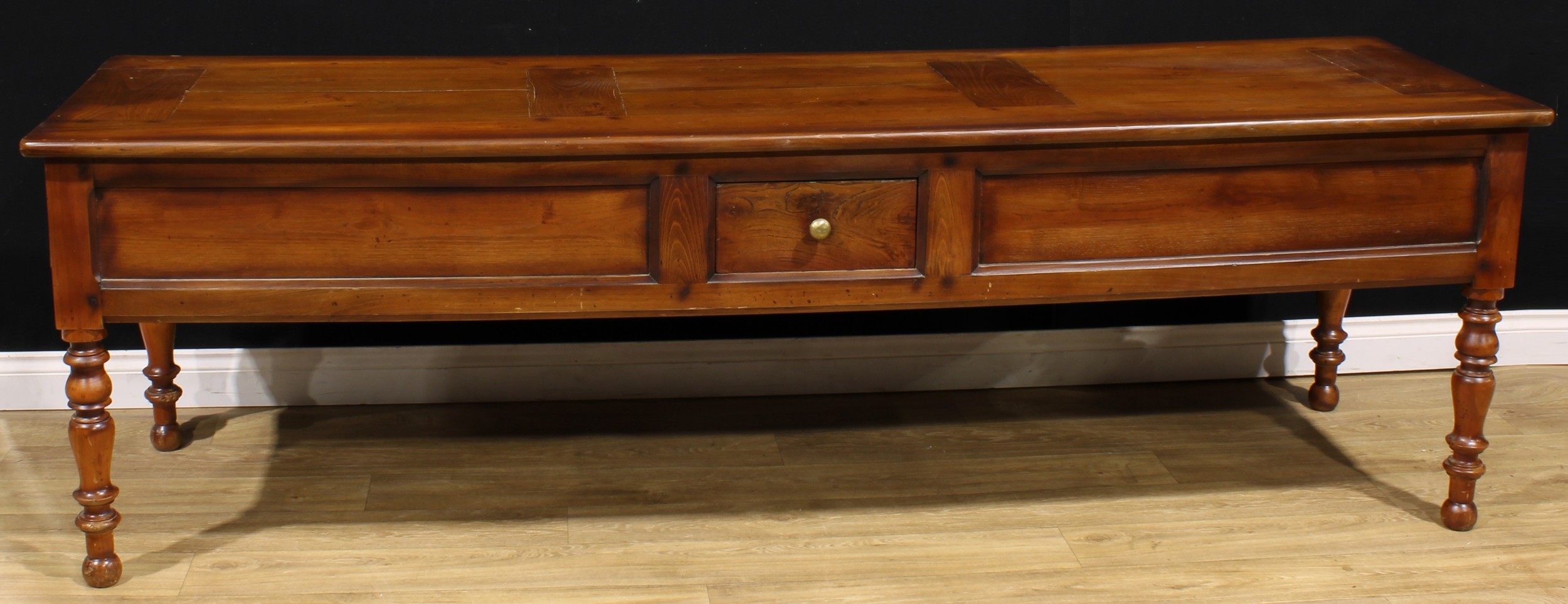 A French Provincial walnut and cherry servants' quarters food preparation or dining table, rounded - Image 2 of 2