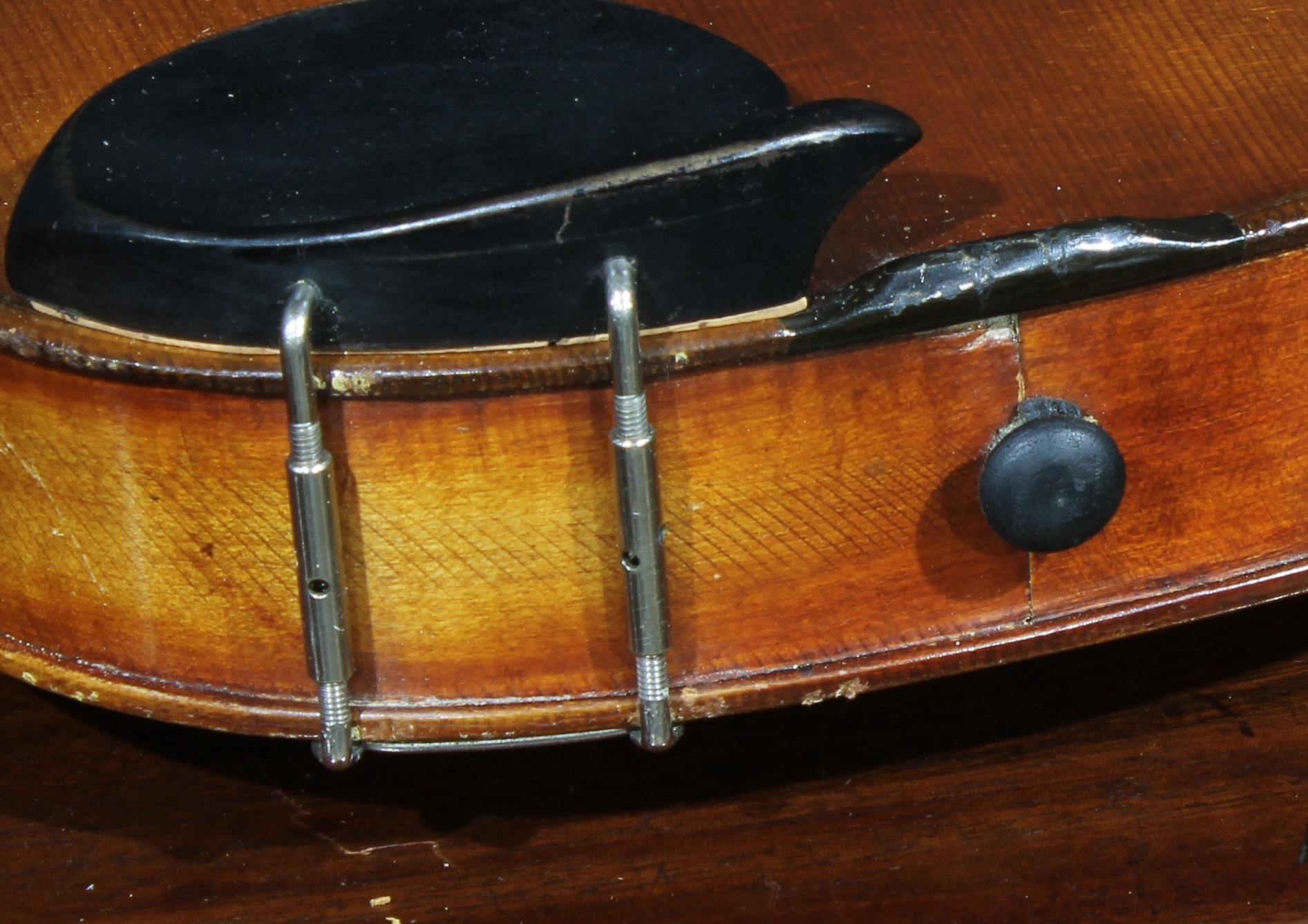 A violin, the one-piece back 36cm long excluding button, ebonised tuning pegs, outlined with - Image 6 of 10