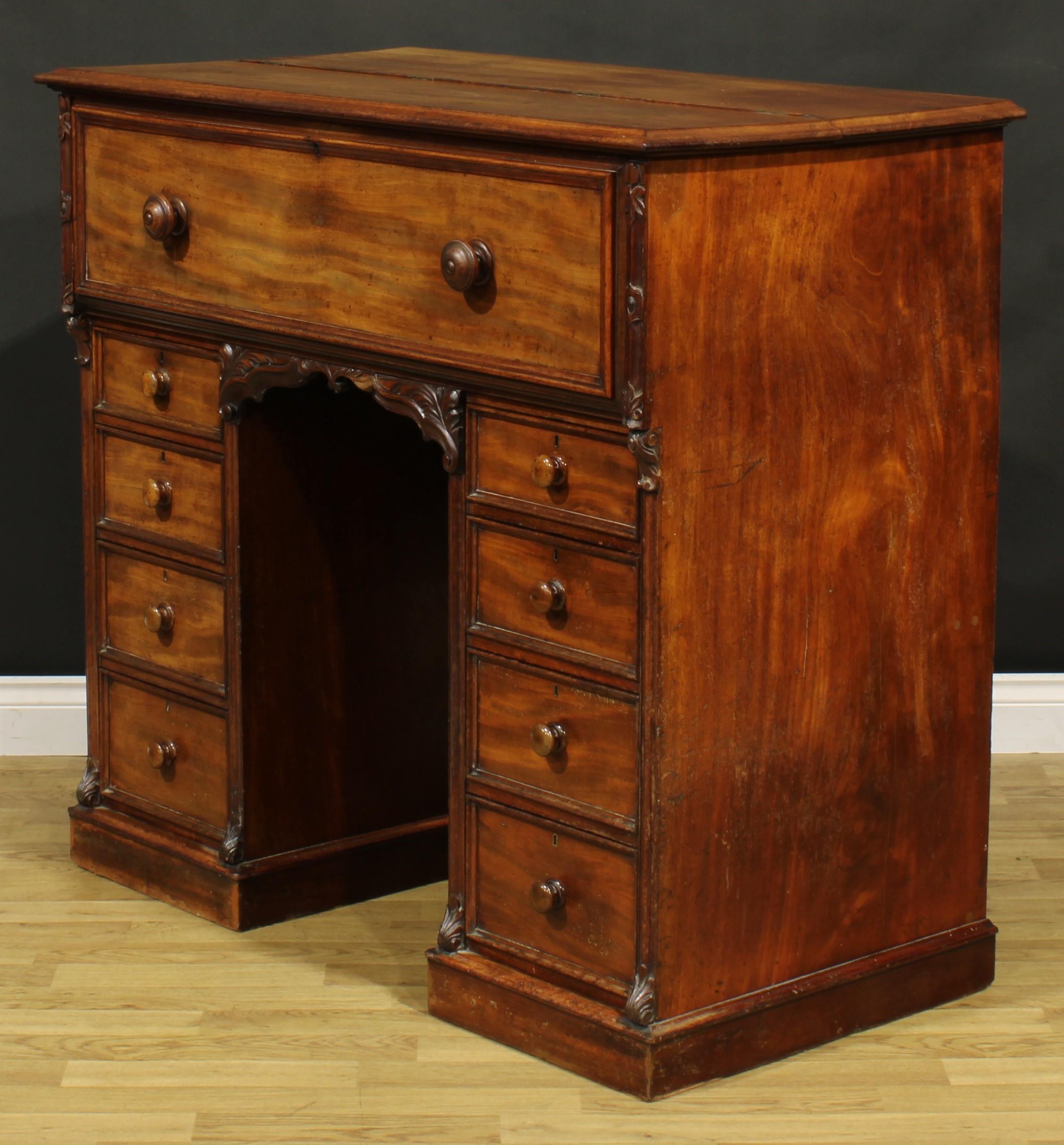 A Victorian mahogany secretaire kneehole desk, hinged top and fall front enclosing a tooled and gilt - Image 6 of 7