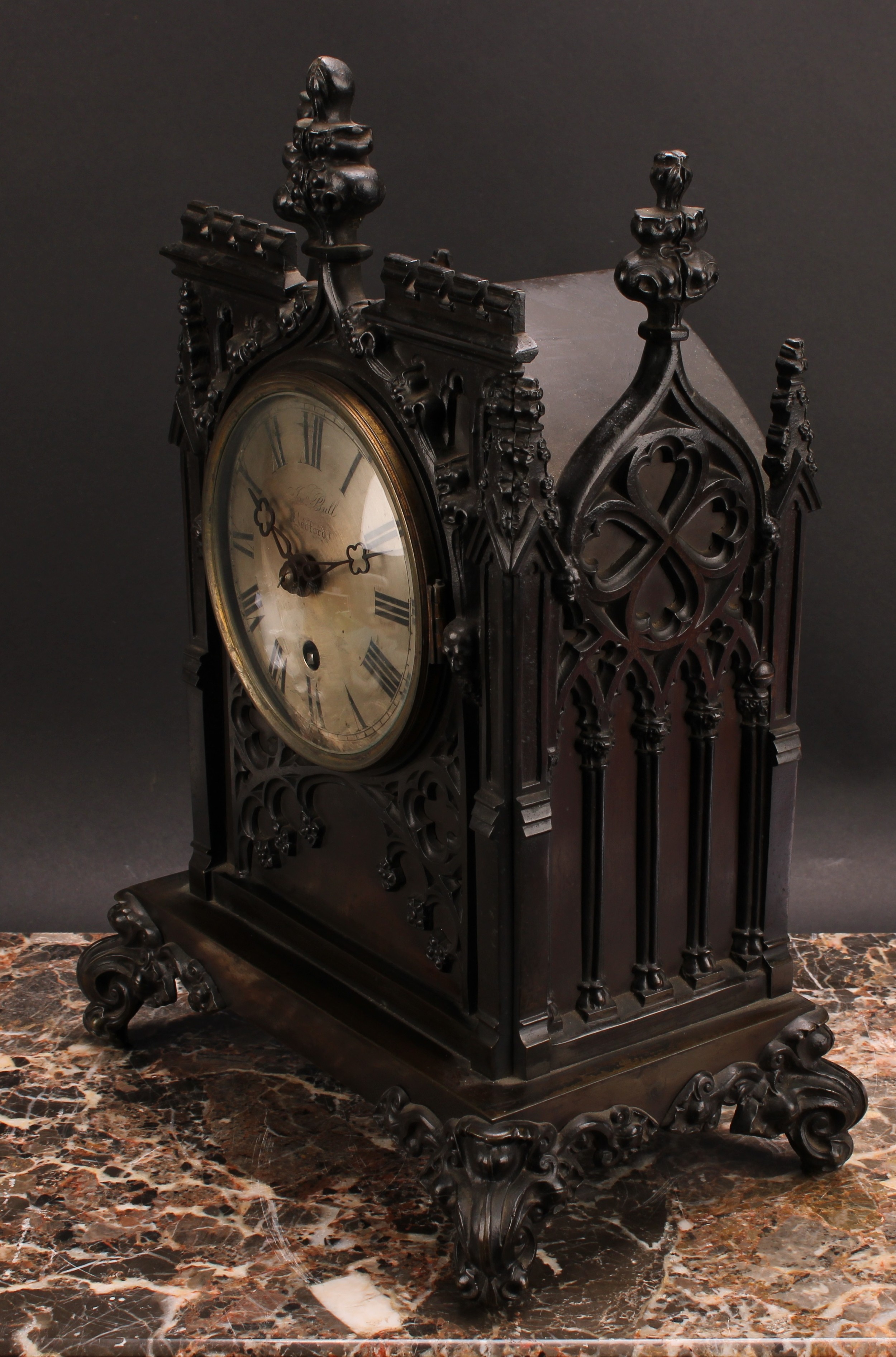 A Victorian Gothic Revival cast bronzed metal double-fusee bracket clock, 12.5cm circular silvered - Bild 3 aus 3