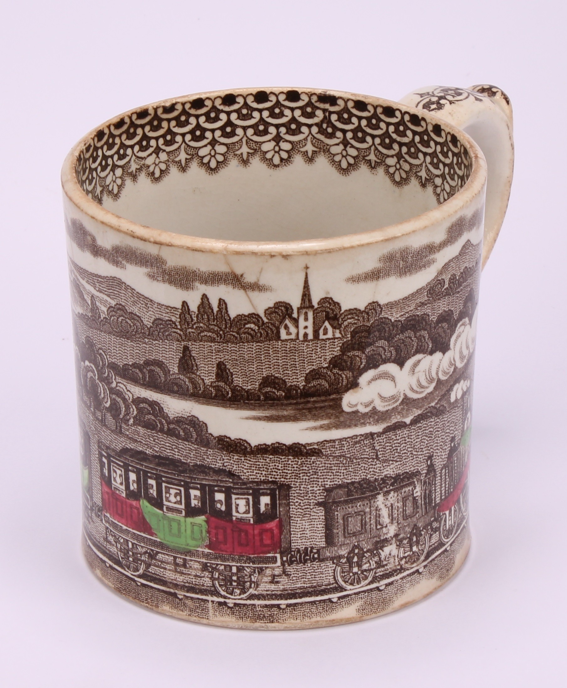 Railway Interest - steam locomotives, a 19th century Staffordshire pearlware mug, printed in sepia - Image 6 of 10