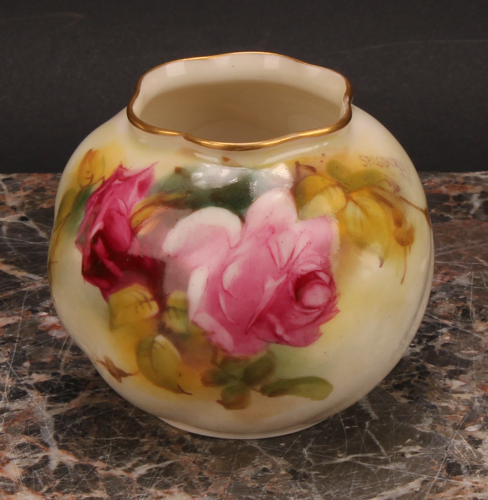 A Royal Worcester globular vase, painted by E. Spilsbury, signed, with Hadley style roses, 7cm high, - Image 3 of 9