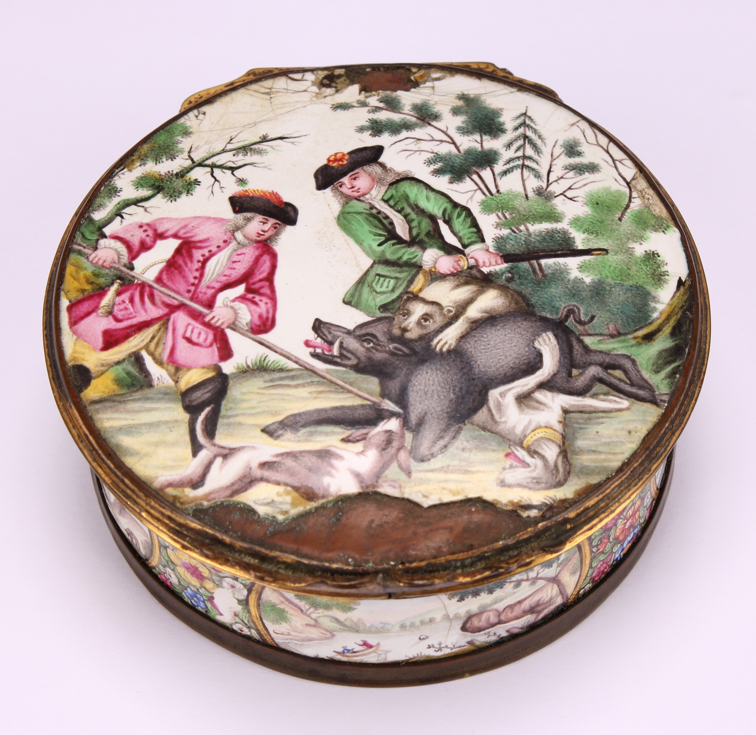 An 18th century enamel circular table snuff box, the stand-away hinged cover painted in polychrome - Image 2 of 5