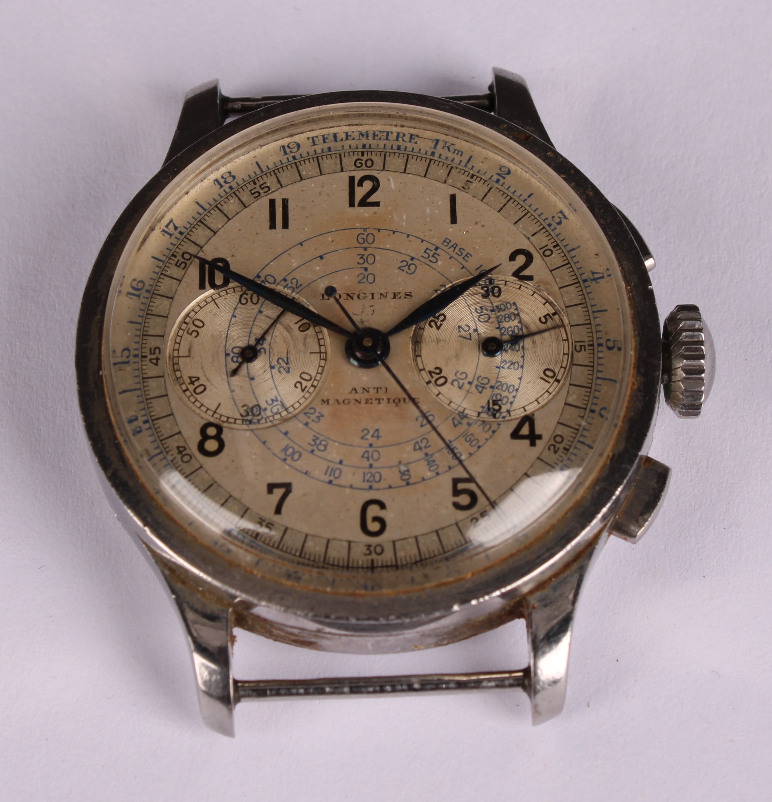 A Longines Telemetre stainless steel chronograph watch, silvered dial with Arabic numerals, pair - Image 2 of 5