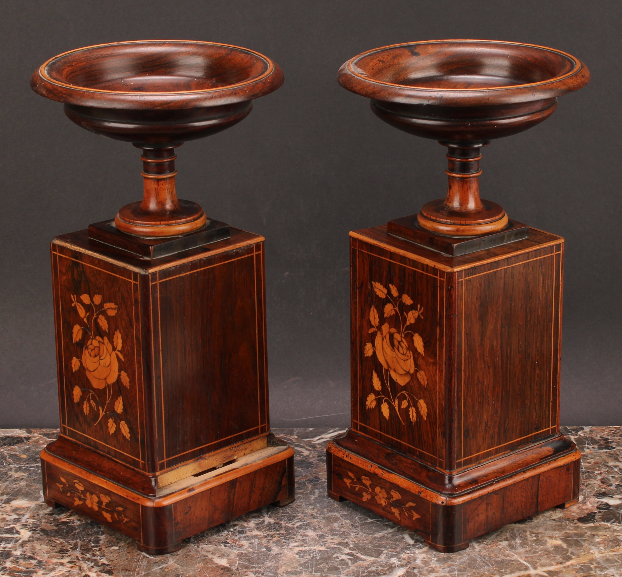 A 19th century French rosewood and marquetry mantel clock garniture, 10cm enamel dial inscribed with - Image 5 of 5