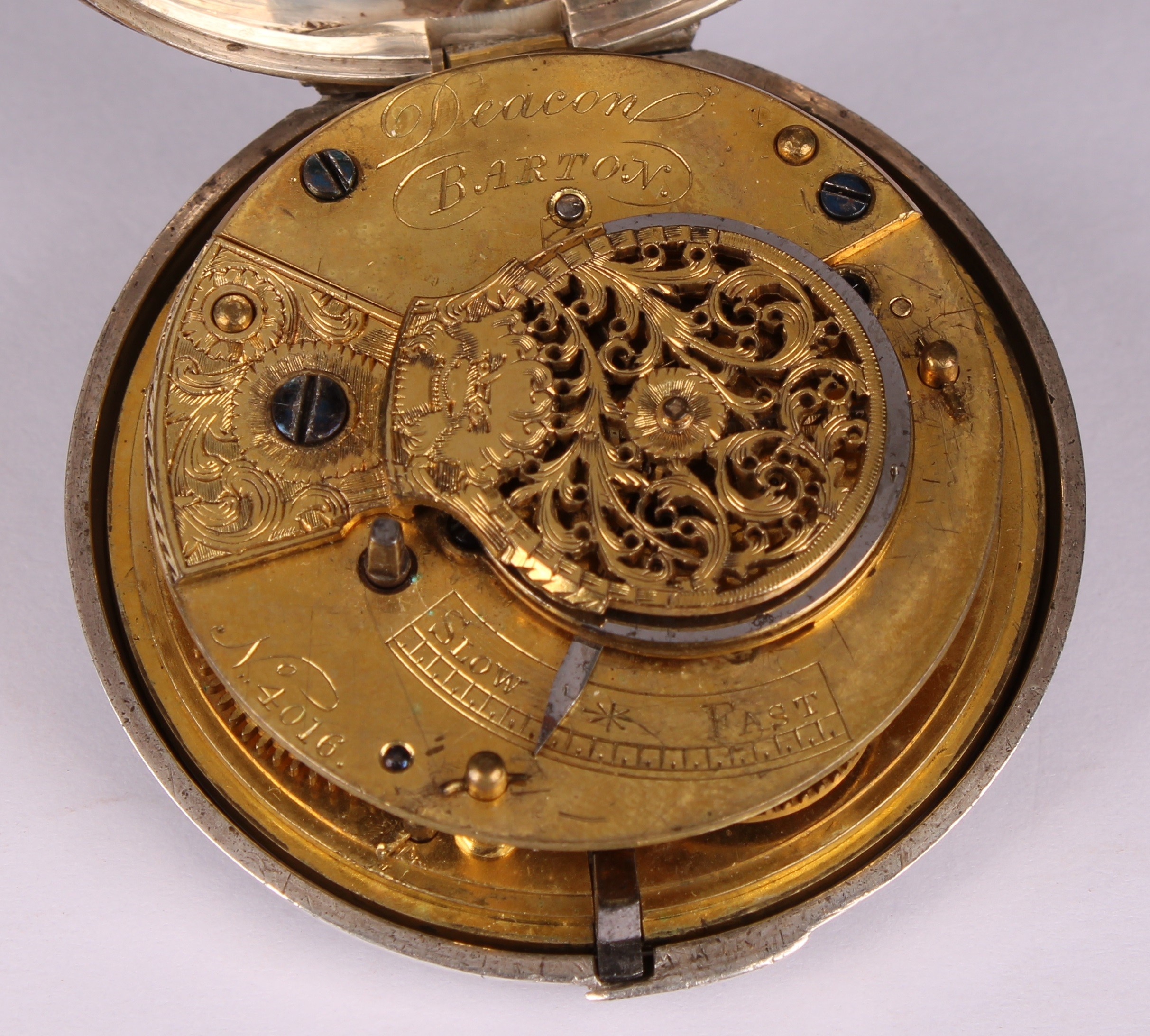 An early Victorian silver pair case pocket watch, by Deacon, Barton, 4.5cm white dial inscribed with - Image 5 of 7