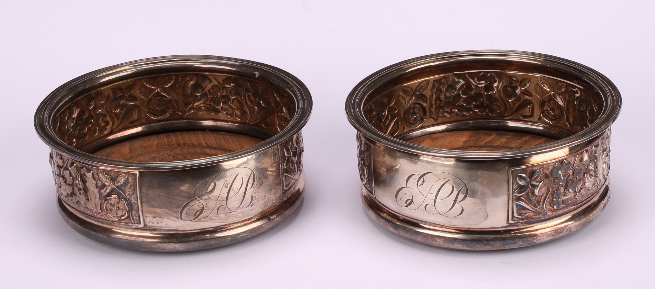 A pair of George III style silver wine coasters, each chased with the Flowers of the Union, - Image 2 of 6