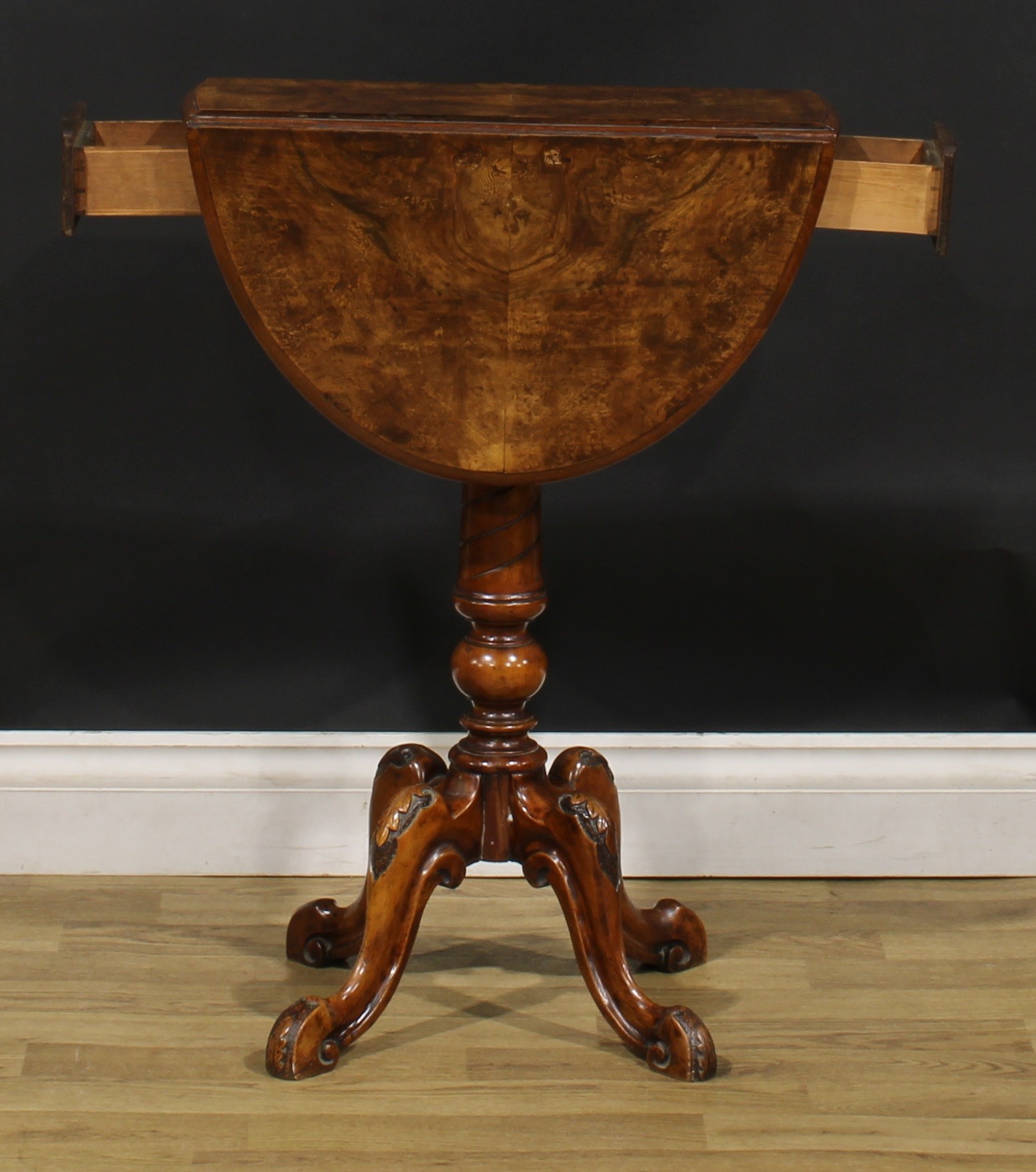 A Victorian walnut occasional table, quarter-veneered oval top with moulded edge and fall leaves, - Image 4 of 7