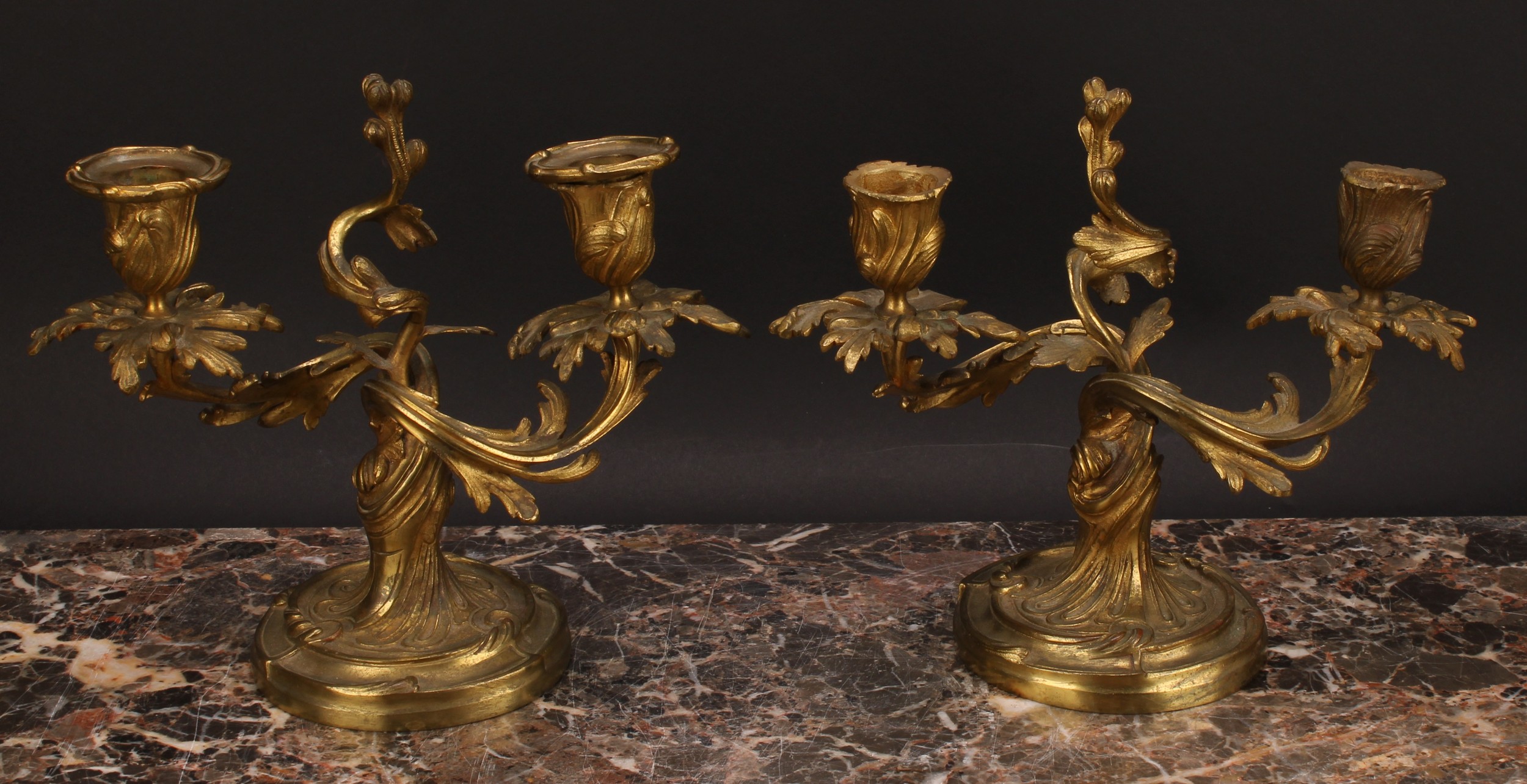 A pair of 19th century gilt brass two-light candelabra, cast with scrolling acanthus, 21cm high, c. - Image 5 of 5