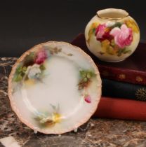 A Royal Worcester globular vase, painted by E. Spilsbury, signed, with Hadley style roses, 7cm high,