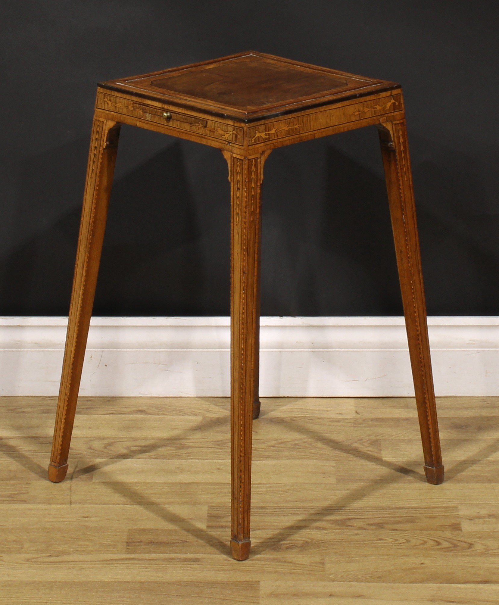A George III Sheraton period mahogany, rosewood and tulipwood kettle stand, panel top above a slide, - Image 4 of 4
