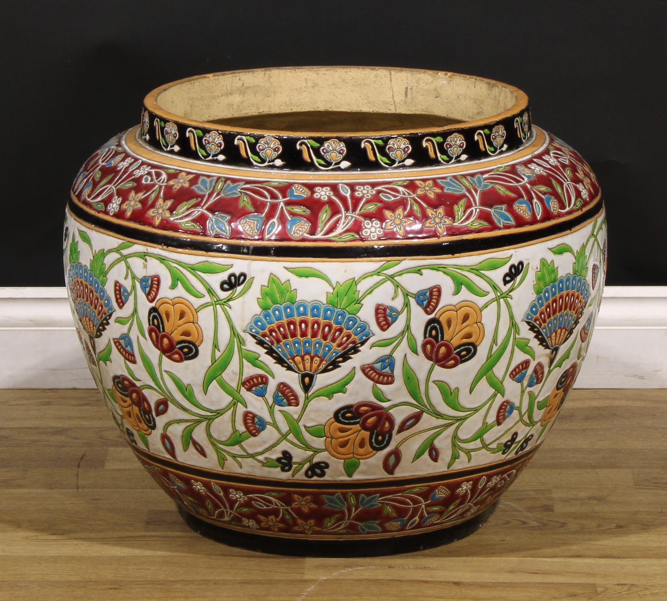 A large 19th century earthenware jardiniere, decorated in polychrome in the Iznik taste with Persian - Image 2 of 4