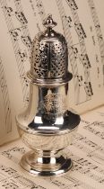 A George II silver pear shaped sugar caster, knop finial, domed foot, engraved armorial, 17cm