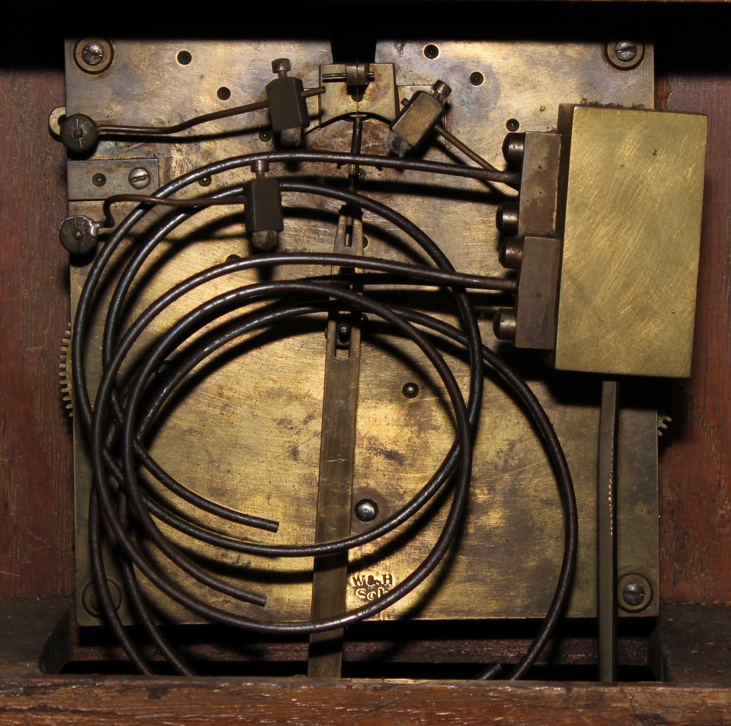 An early 20th century oak architectural bracket-form mantel clock, 15cm square brass dial with - Image 4 of 4