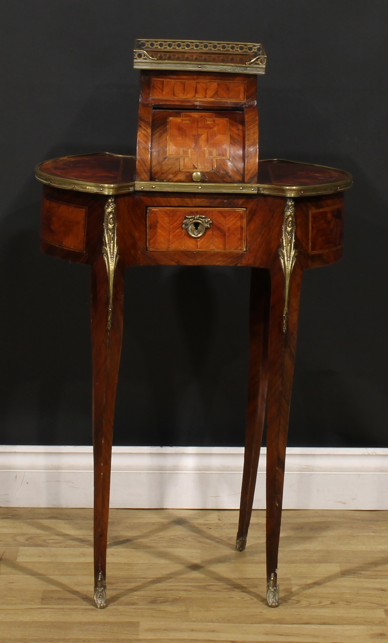 A Louis XV Revival gilt metal mounted rosewood and kingwood bonheur du jour, of small and neat - Image 2 of 7