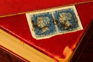 Stamps - GB QV 1840 2d Deep Blue, SG: 4, pair on piece, just four margins on both stamps tied with