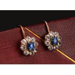 A pair of 19th century paste sapphire and diamond effect cluster earrings, rose and white mental