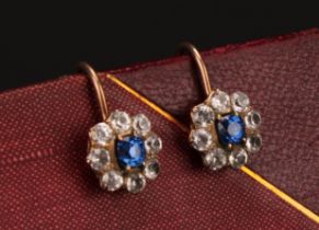 A pair of 19th century paste sapphire and diamond effect cluster earrings, rose and white mental