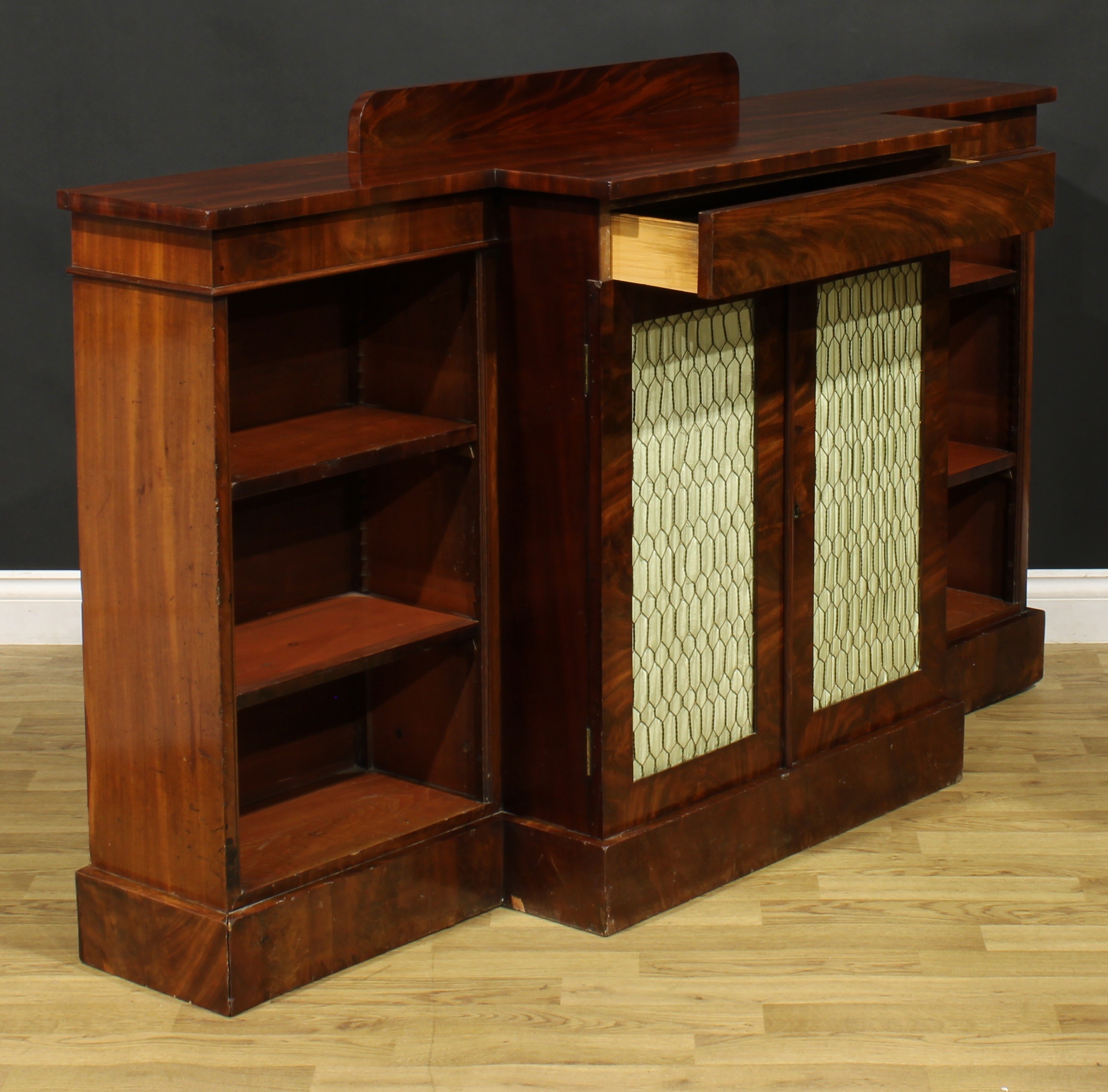 A Post-Regency mahogany break-centre low library bookcase, by J. Russell, upholsterer, cabinet - Image 4 of 5