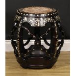 A Chinese hardwood and mother of pearl marquetry barrel shaped meditation fangdeng or stool,
