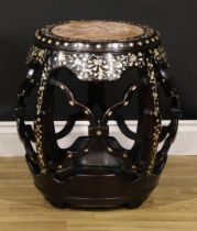 A Chinese hardwood and mother of pearl marquetry barrel shaped meditation fangdeng or stool,
