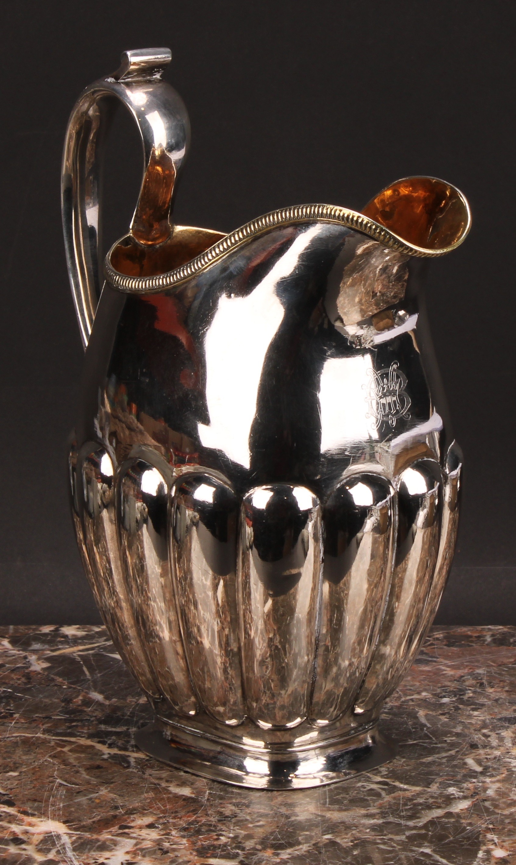 A 19th century Russian silver half-fluted rectangular ewer and basin, gadrooned borders, gilt - Image 5 of 7