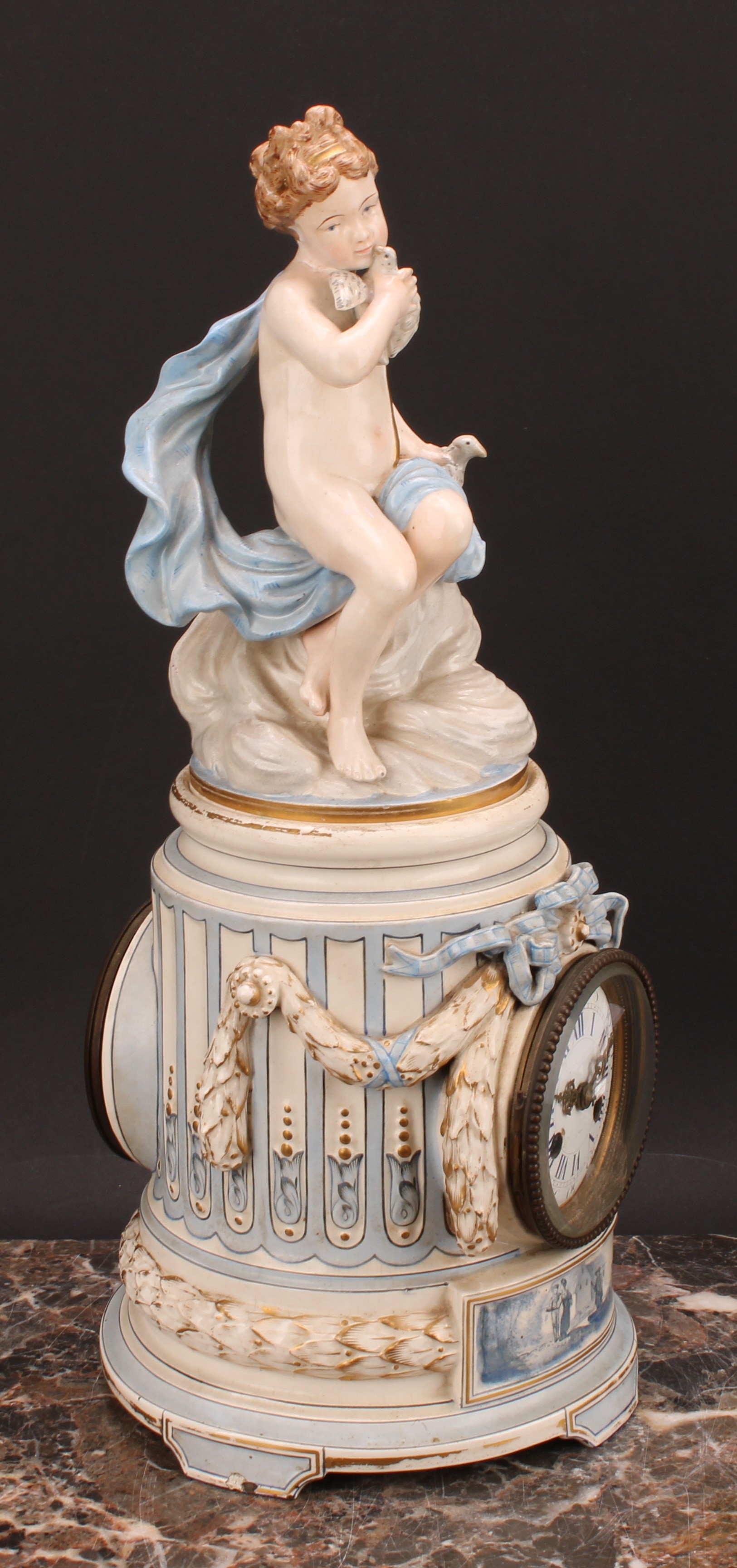 A 19th century French Louis XVI style porcelain mantel clock, 7.5cm white enamel dial inscribed with - Image 3 of 4