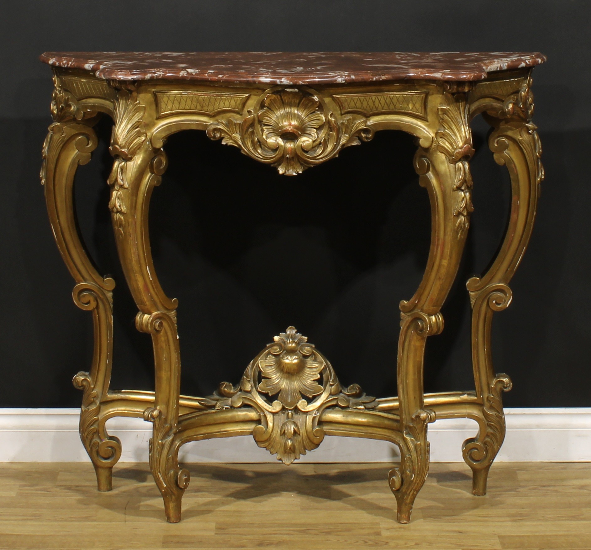 A Louis XV Revival giltwood pier table, in the Rococo taste, serpentine marble top, 93cm high, 104. - Image 2 of 5