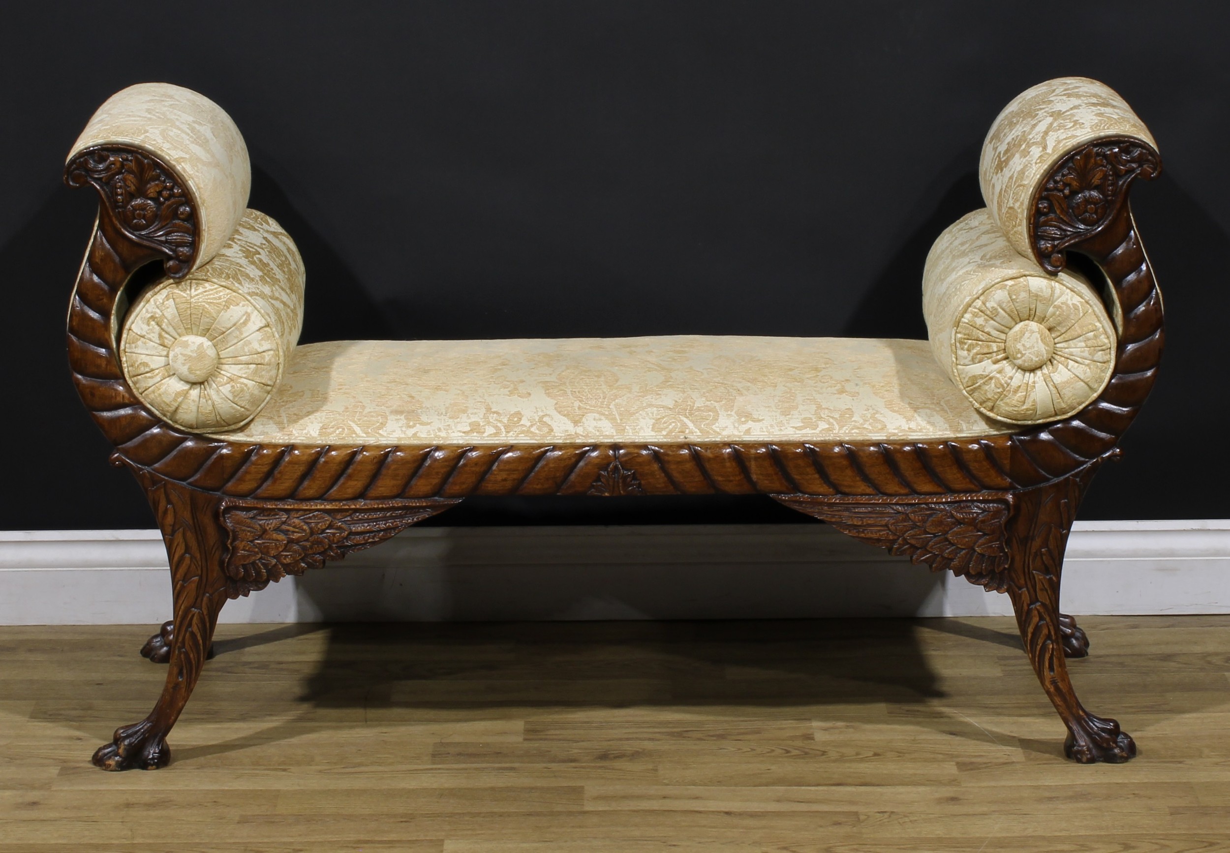 An American Empire Revival neoclassical mahogany window seat, Récamier-form arms carved as - Image 4 of 4