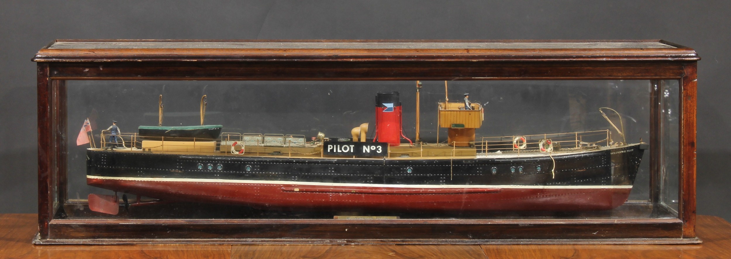 A large model ship, Molendinar Pilot No.3 Glasgow, glazed mahogany case, 37cm high, 123cm wide, 40cm