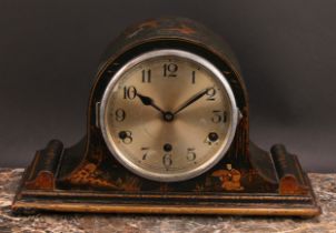 An early 20th century japanned musical mantel clock, 14cm silvered dial inscribed with Arabic