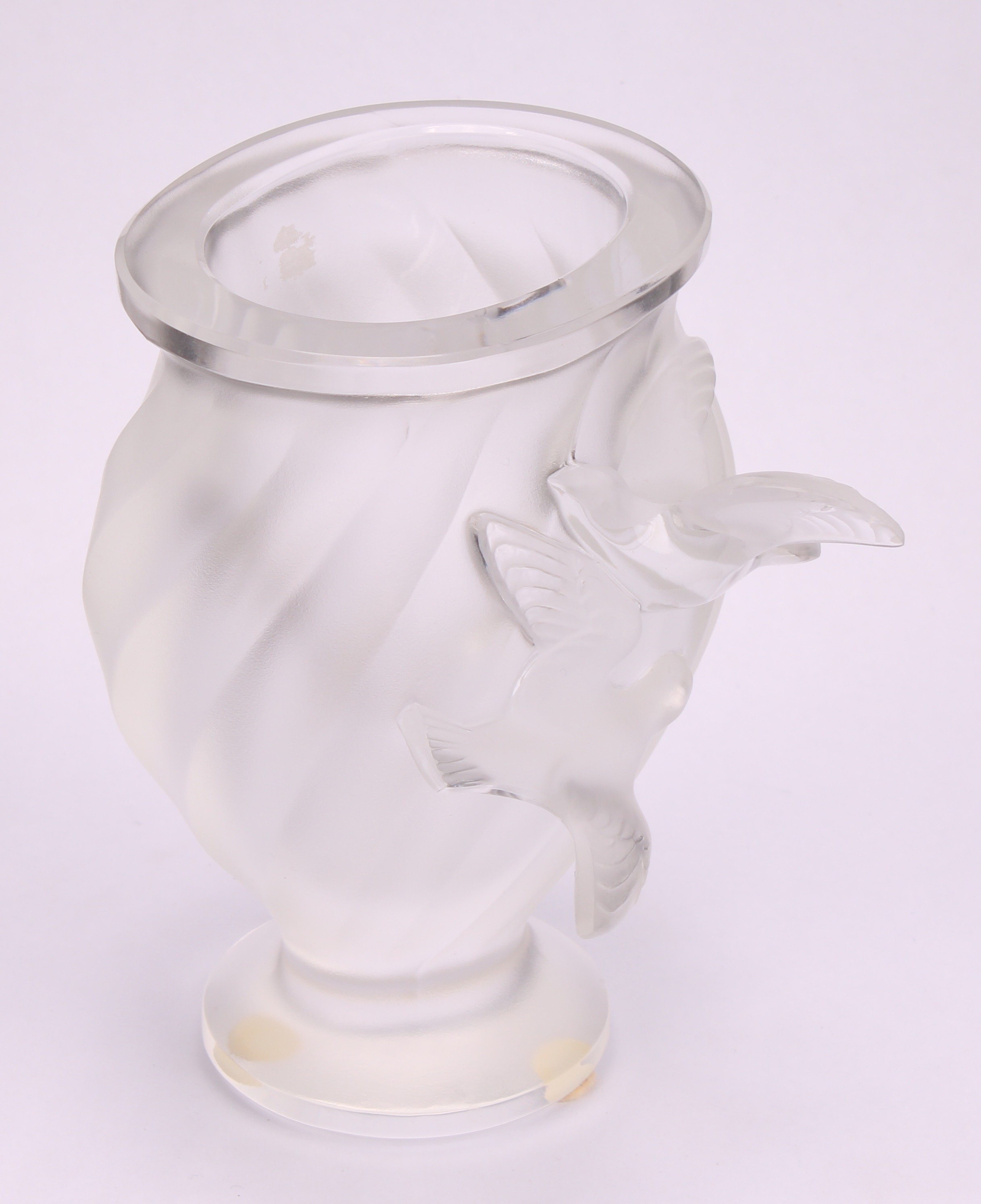 A Lalique 'Rosine' ovoid pedestal vase, of wrythen form, relief decorated with two birds, engraved - Image 3 of 5