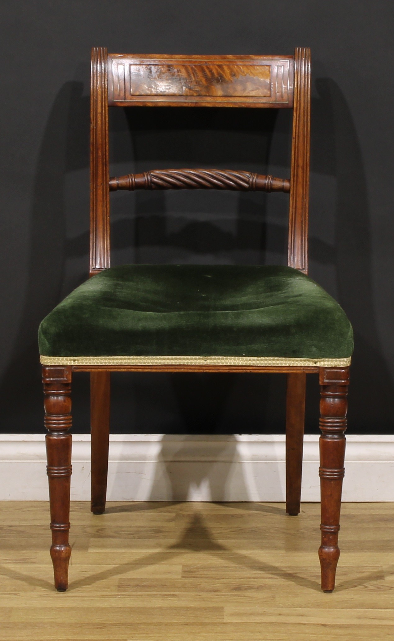 A set of seven Regency mahogany rope-twist bar-back dining chairs, curved cresting rail inlaid - Image 2 of 5
