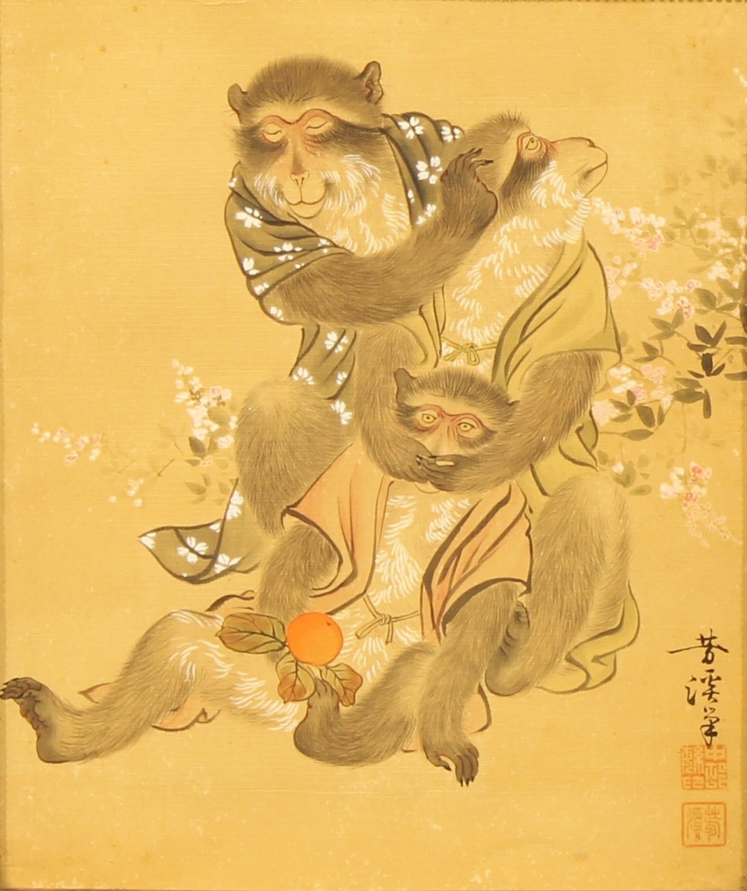 Horyu (Japanese, Meiji Period) Monkeys signed, red seals, watercolour, 37.5cm x 30.5cm