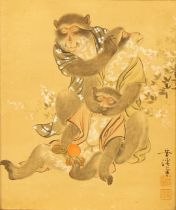 Horyu (Japanese, Meiji Period) Monkeys signed, red seals, watercolour, 37.5cm x 30.5cm