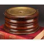 A 19th century Dutch fruitwood circular carriage foot warmer, brass liner and swing handle, ribbed