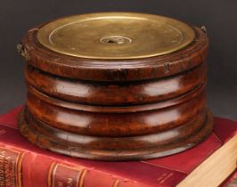 A 19th century Dutch fruitwood circular carriage foot warmer, brass liner and swing handle, ribbed