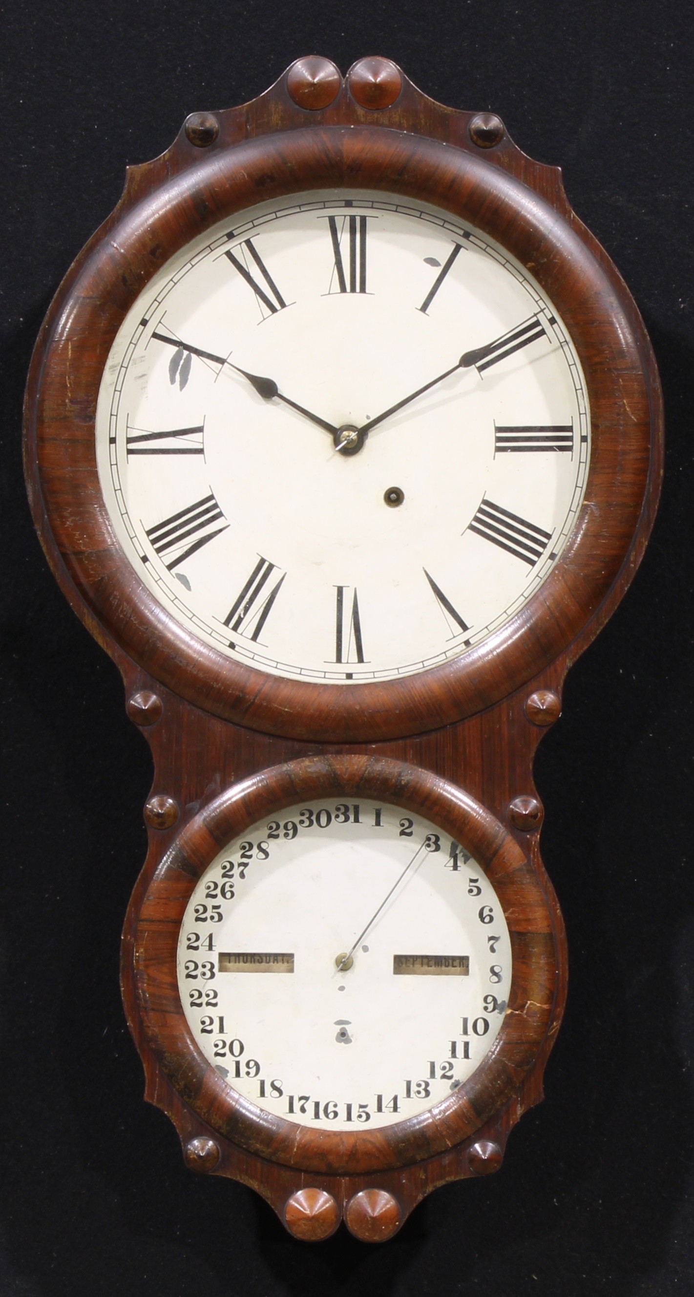 A 19th century American rosewood double-dial wall timepiece and calendar, by Seth Thomas Clock