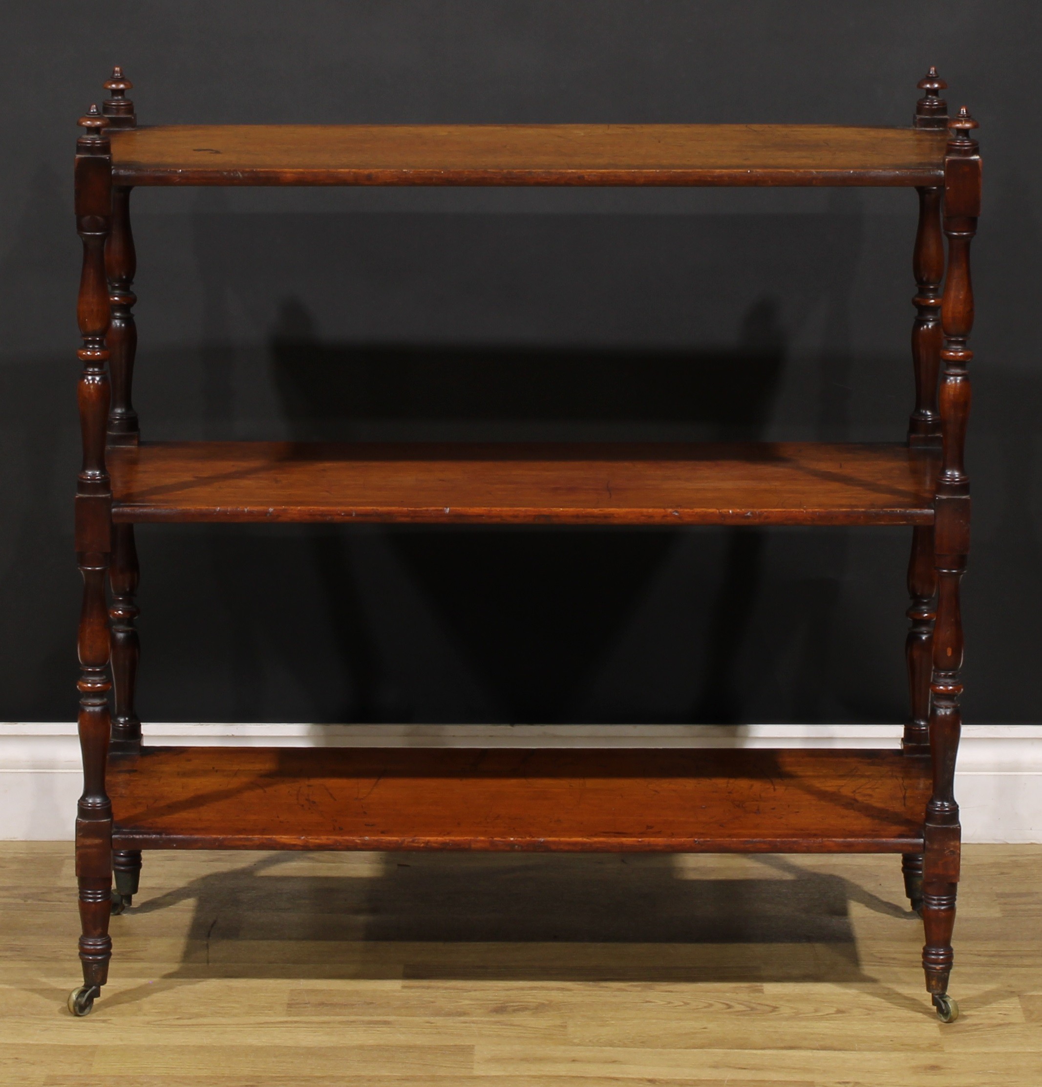 A George IV mahogany rectangular three tier whatnot, turned finials and supports, brass casters, - Image 2 of 5