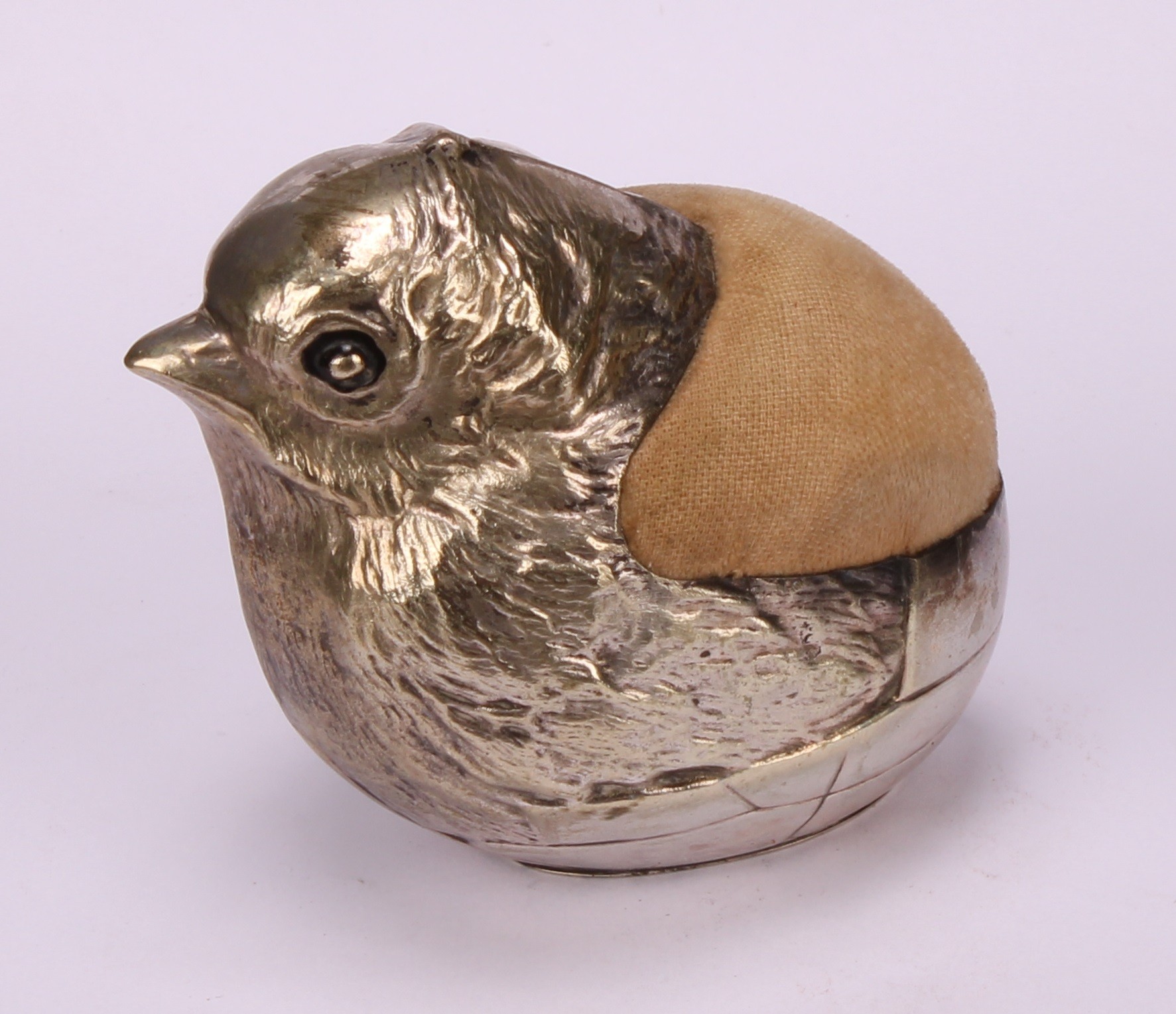 A large Edwardian novelty EPNS pincushion as a chick in a partial egg shell, 6cm high - Image 3 of 5