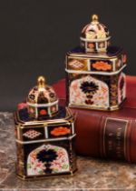 An associated pair of Royal Crown Derby 1128 Imari pattern canted rectangular tea caddies, domed