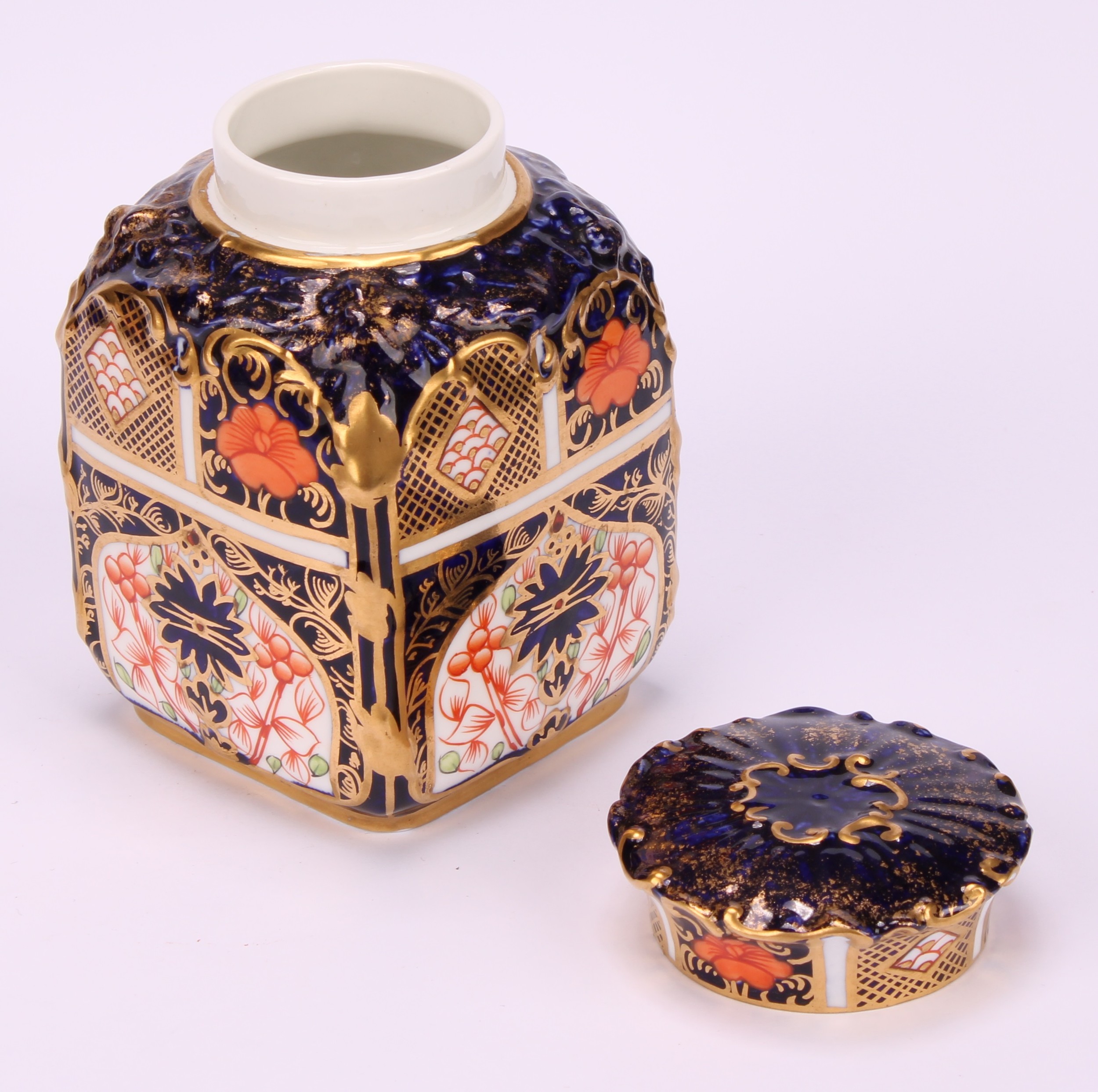 A set of three Royal Crown Derby 1128 pattern shaped rectangular caddies, shaped circular covers, - Image 6 of 19