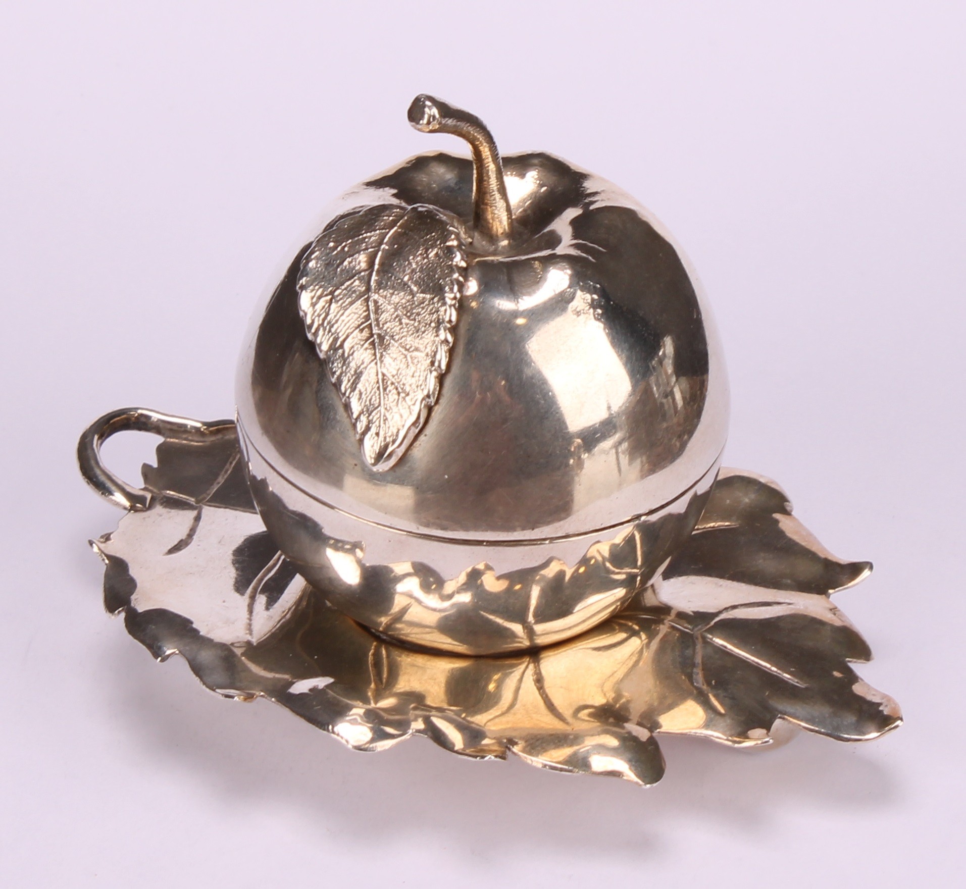 A pair of Elizabeth II silver novelty condiments and stands, modelled as apples, the cast leaf - Image 3 of 16