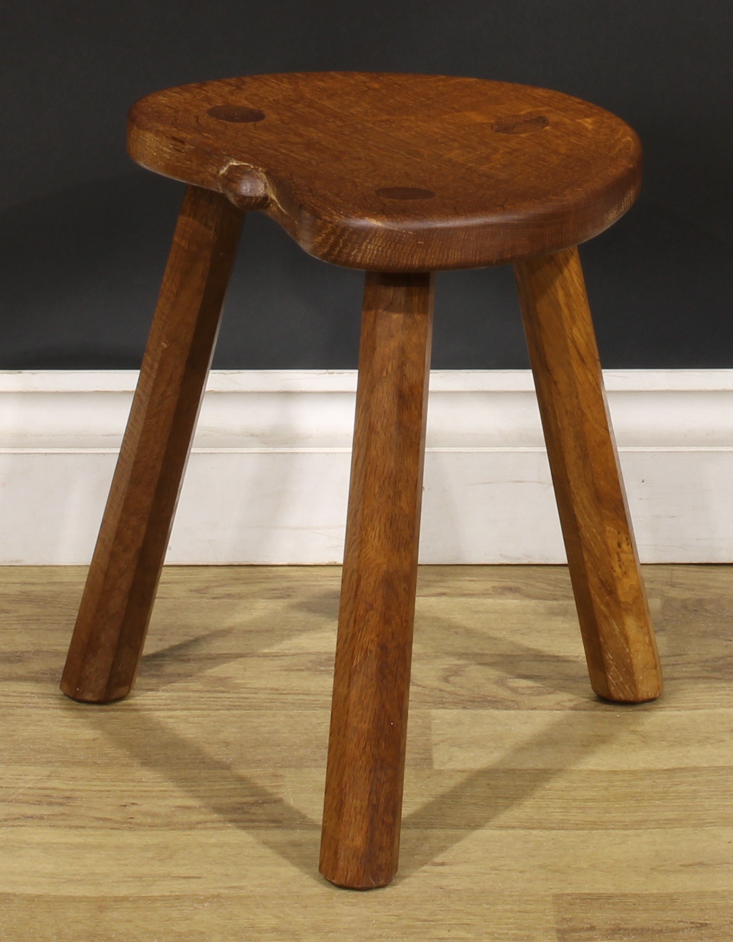 Robert Thompson, Mouseman of Kilburn, an oak milking stool, carved mouse signature, 35.5cm high, - Image 3 of 5