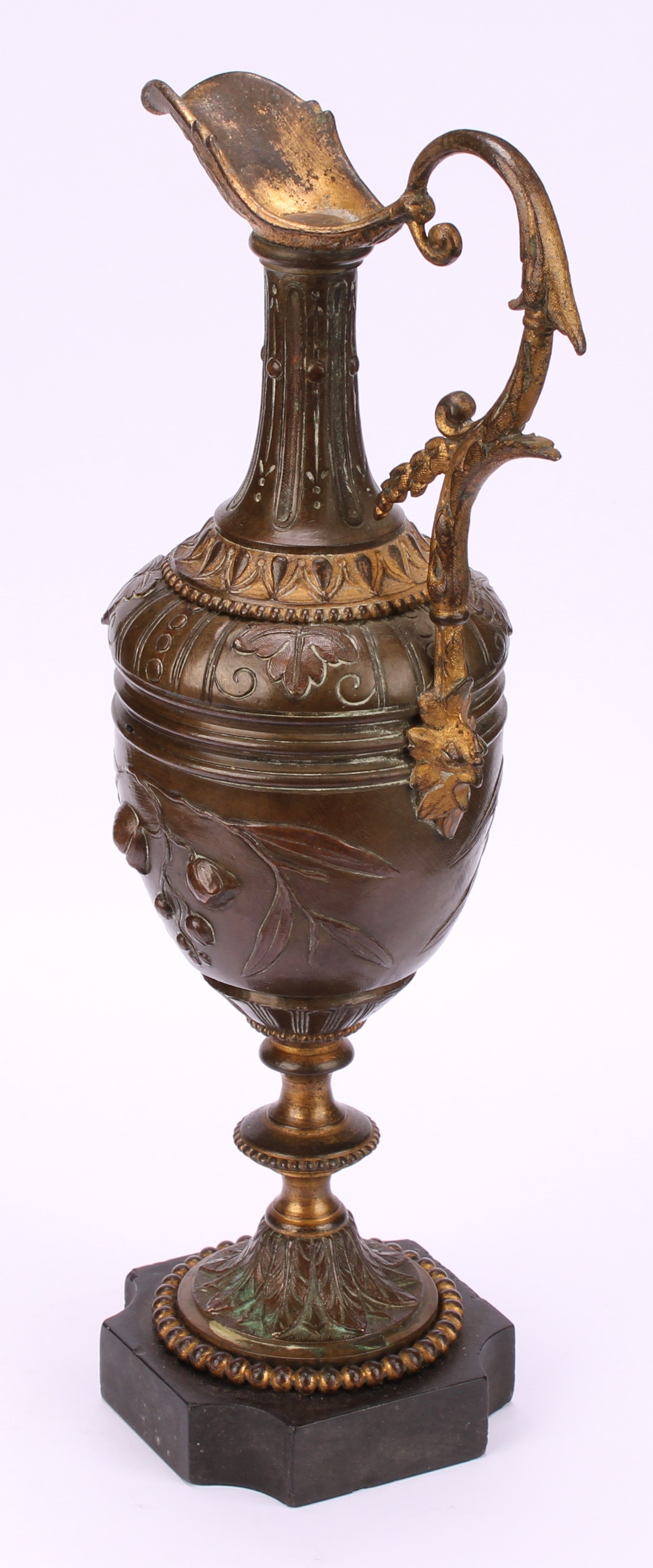 A 19th century Grand Tour ewer, cast with flowers and foliage, scroll handle, knopped stem, black - Image 4 of 4