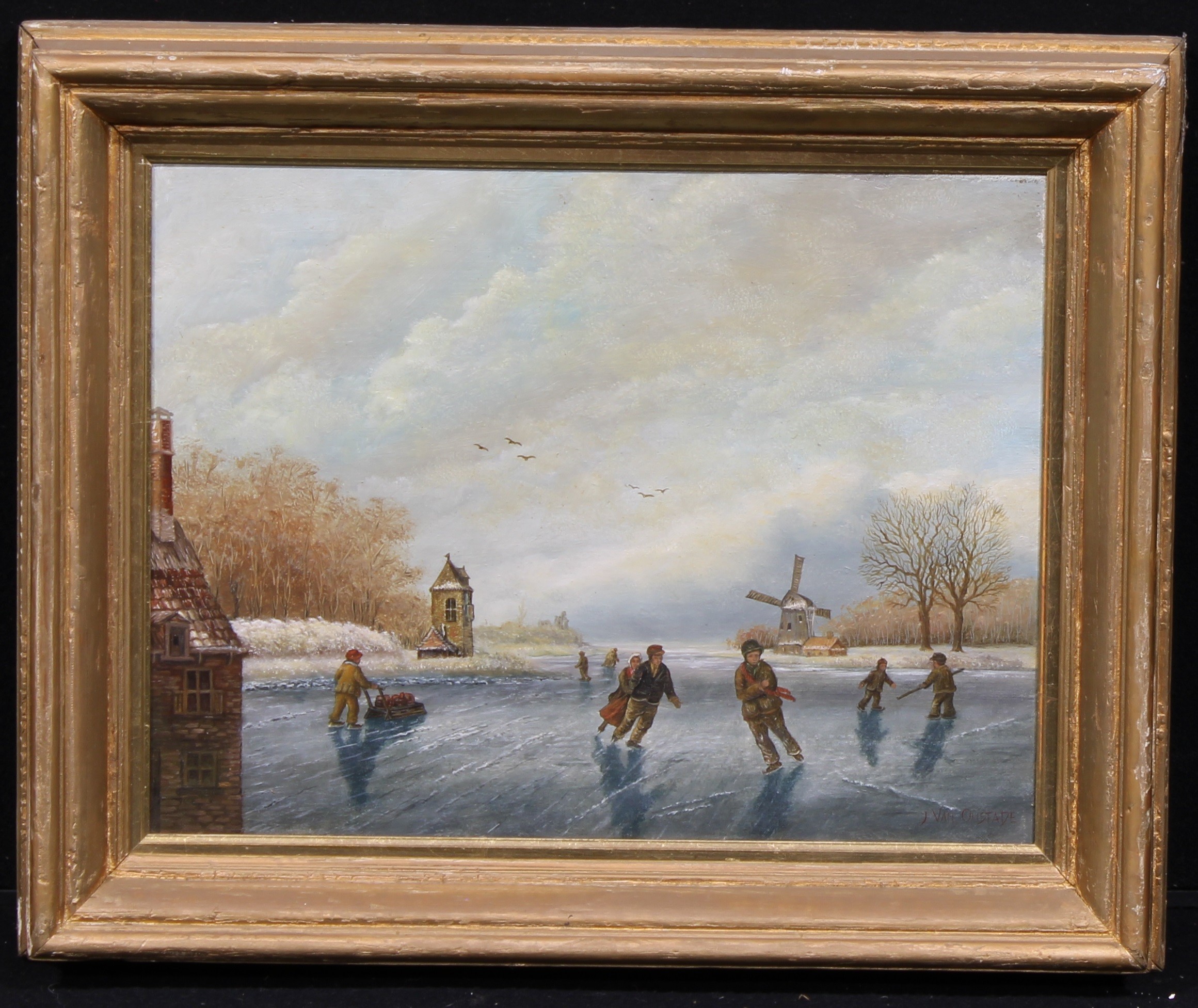 J Van Oustade (Dutch, 19th century) Skating on a Frozen River, signed, oil on canvas, 32cm x 42.5cm - Image 2 of 4