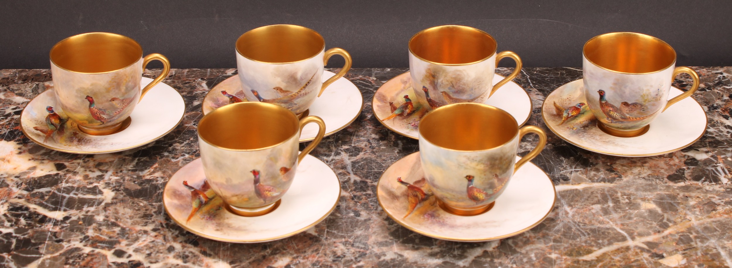 A set of six Royal Worcester coffee cups and saucers, painted by James Stinton, signed, with - Image 2 of 11