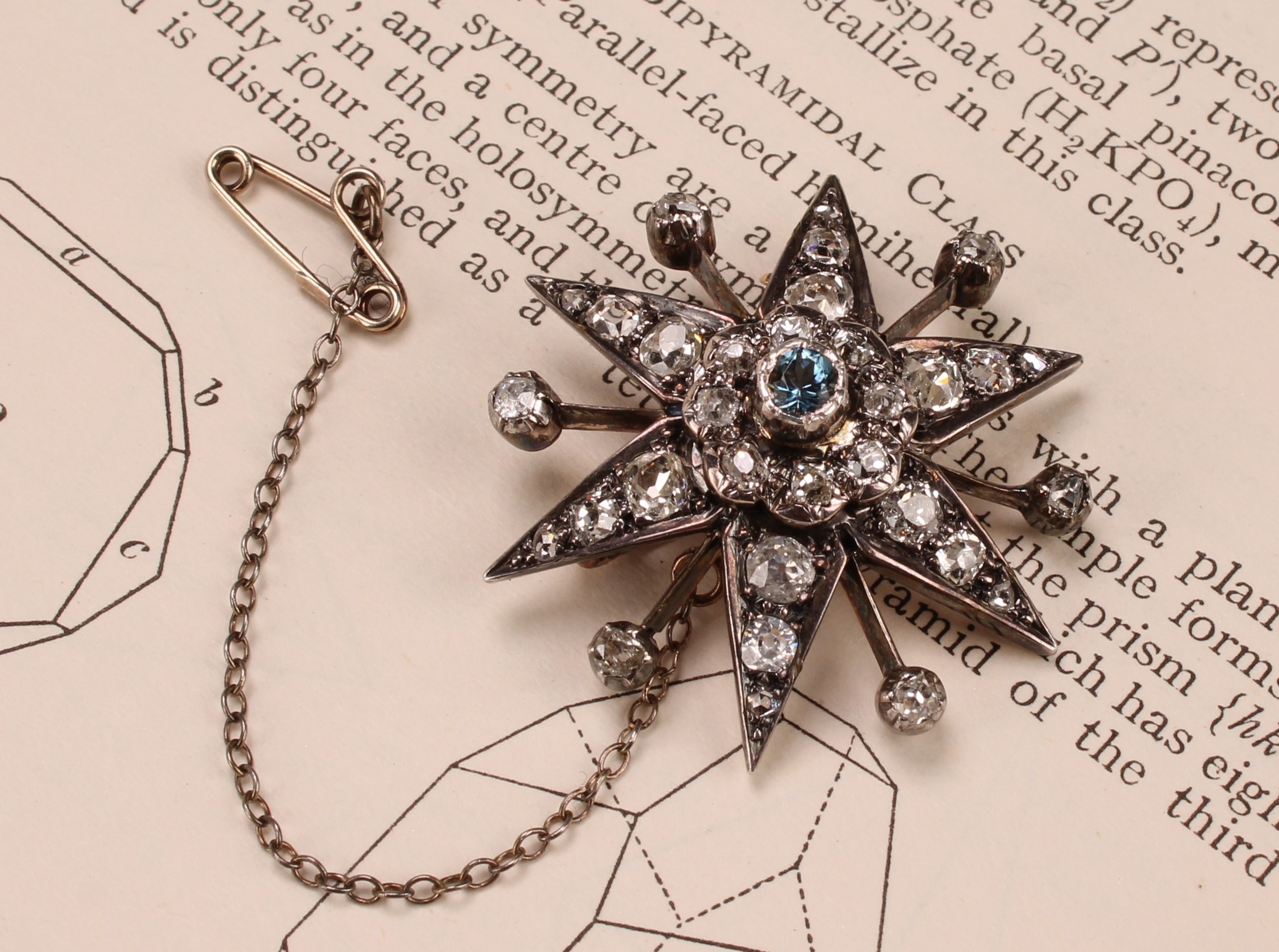 A diamond radiating starburst brooch, set with old cut stones, the central stone a faceted